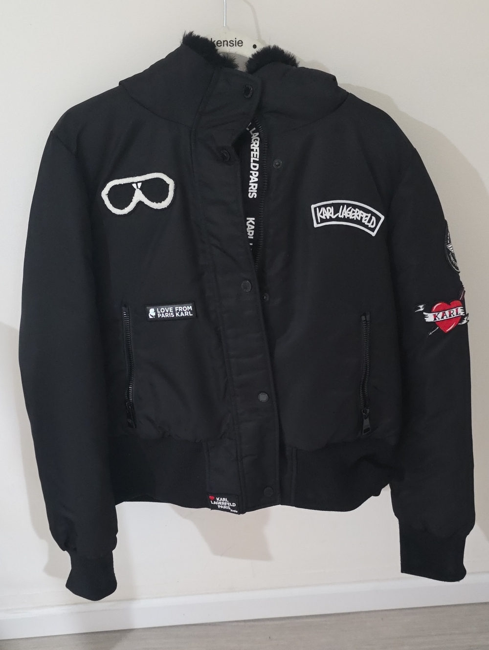 Karl Lagerfeld Black Patch Logo Bomber Jacket with Heart Accent